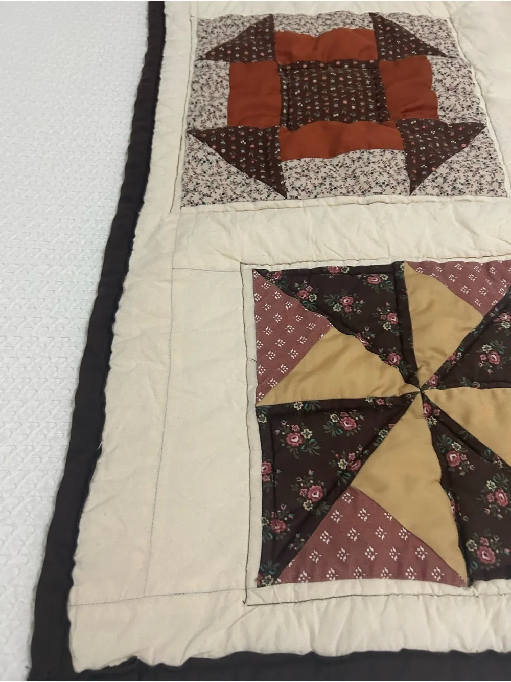 Handmade Patchwork Crib Quilt. Cream with Brown, Rust and Mustard Accent